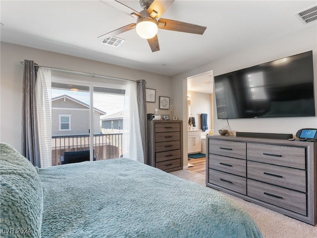 carpeted bedroom with access to outside, ceiling fan, and connected bathroom