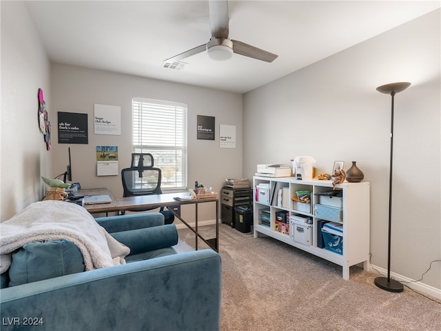 home office featuring ceiling fan and carpet flooring