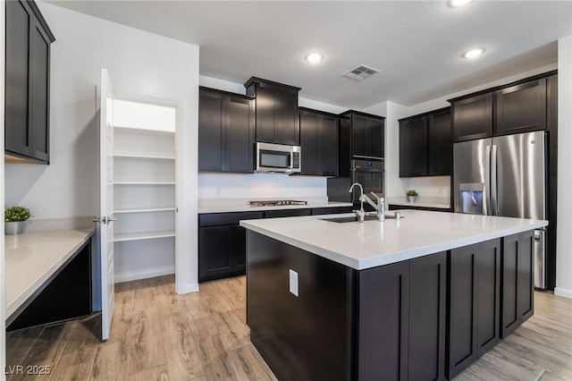 kitchen featuring sink, light hardwood / wood-style flooring, light stone countertops, an island with sink, and appliances with stainless steel finishes