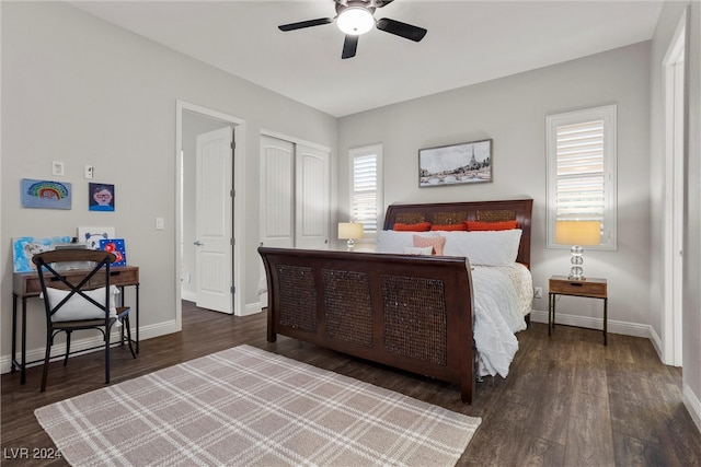 bedroom featuring dark hardwood / wood-style floors, a closet, and ceiling fan