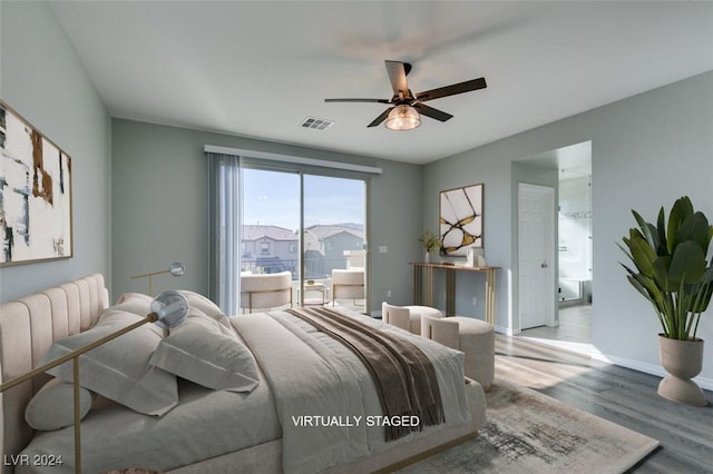 bedroom with ceiling fan and light hardwood / wood-style flooring