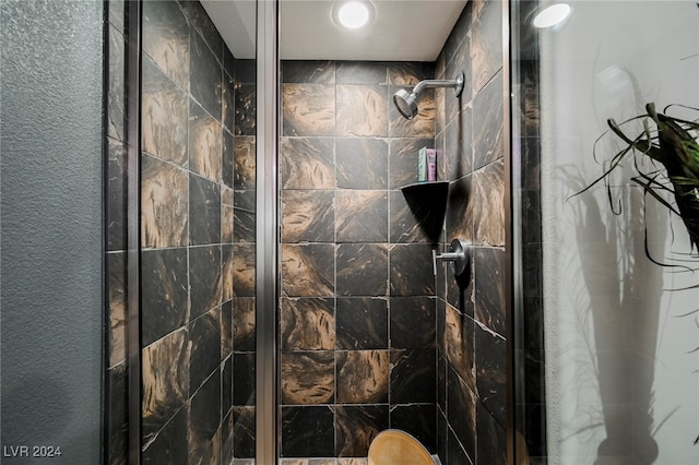 bathroom featuring a shower with shower door