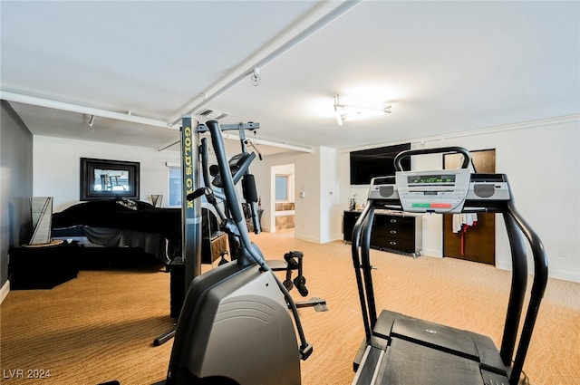 workout room with light colored carpet