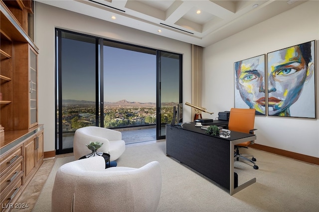 office area featuring beamed ceiling, coffered ceiling, and light carpet