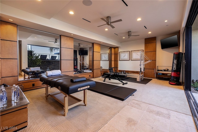 workout area featuring ceiling fan