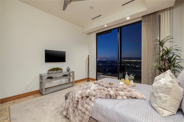 bedroom featuring access to outside and ceiling fan