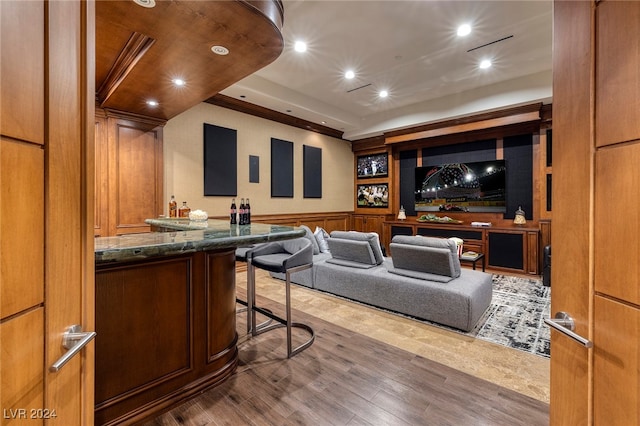 cinema featuring dark hardwood / wood-style flooring