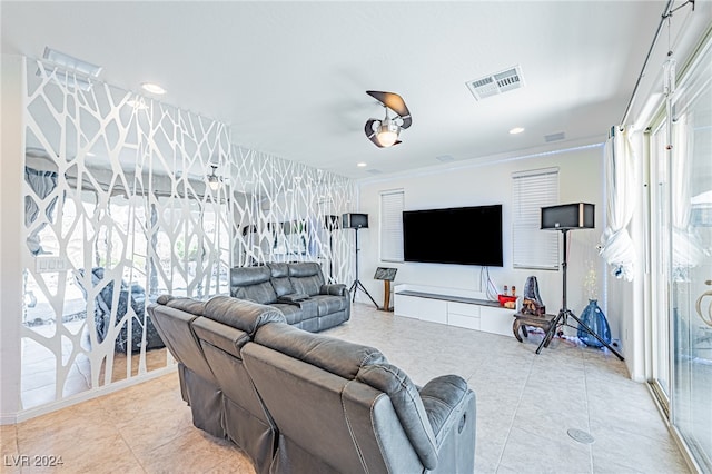 living room featuring light tile patterned flooring