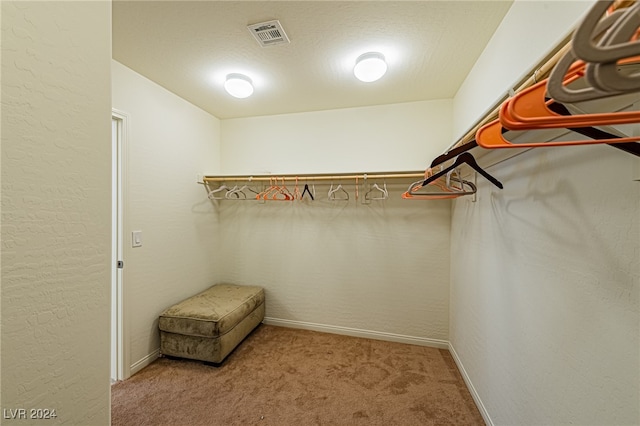 walk in closet featuring light colored carpet