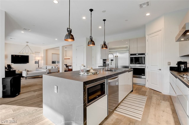 kitchen featuring built in appliances, hanging light fixtures, a large island, sink, and light hardwood / wood-style floors