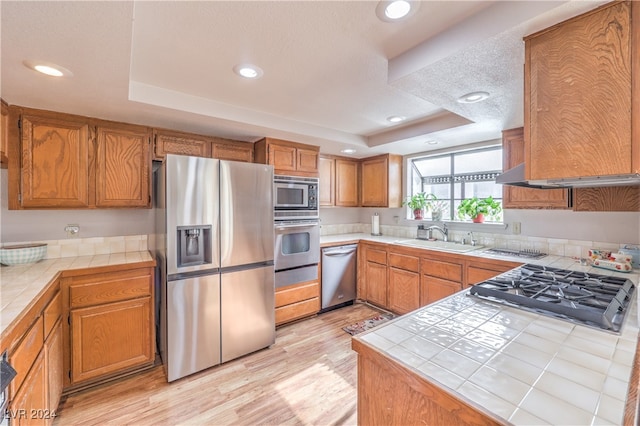 kitchen with a raised ceiling, appliances with stainless steel finishes, light hardwood / wood-style flooring, and tile counters