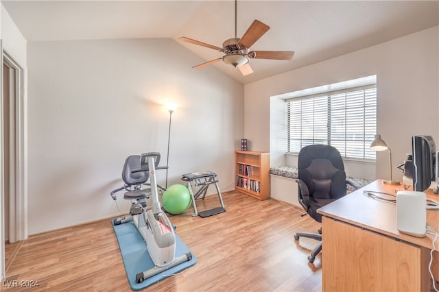 office space with lofted ceiling, light wood-type flooring, and ceiling fan