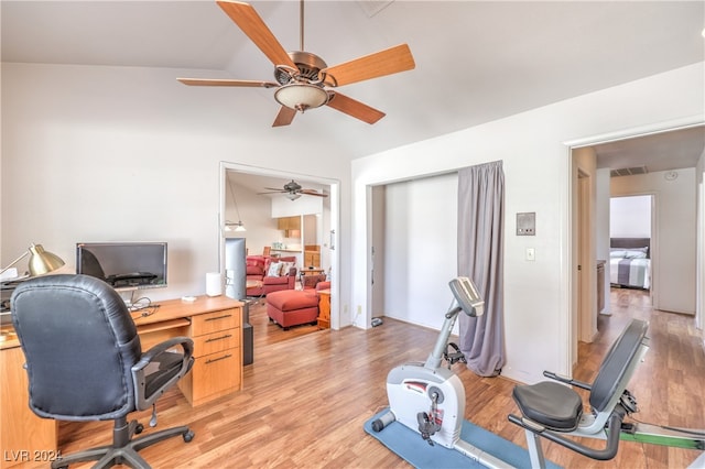 office with light hardwood / wood-style flooring, vaulted ceiling, and ceiling fan