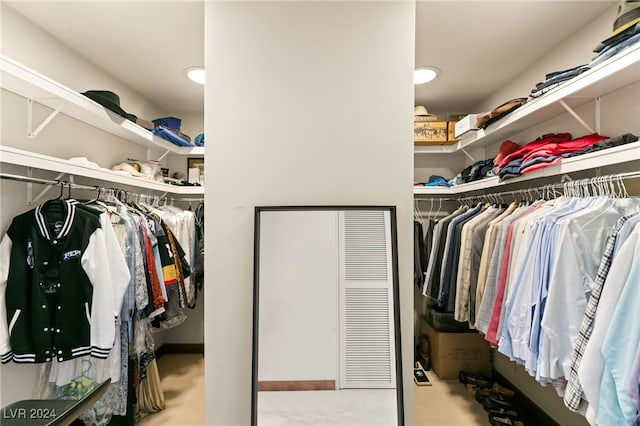 spacious closet featuring light colored carpet