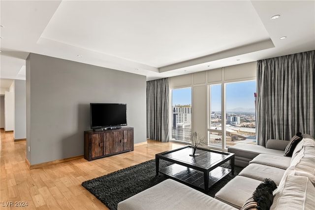 living room featuring light hardwood / wood-style floors and a tray ceiling