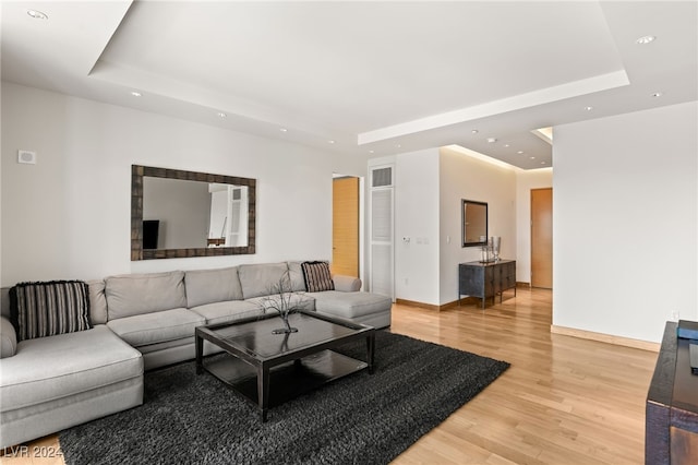 living room featuring hardwood / wood-style flooring and a tray ceiling