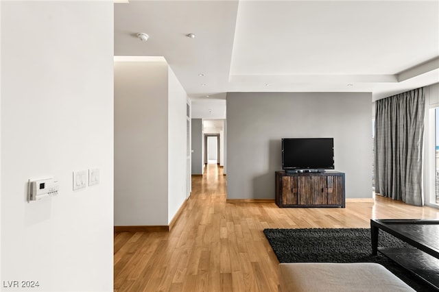 living room with light wood-type flooring and a raised ceiling