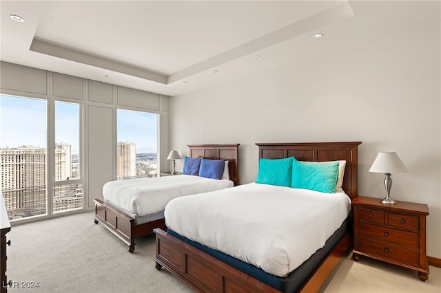 bedroom featuring light carpet, access to exterior, and a raised ceiling