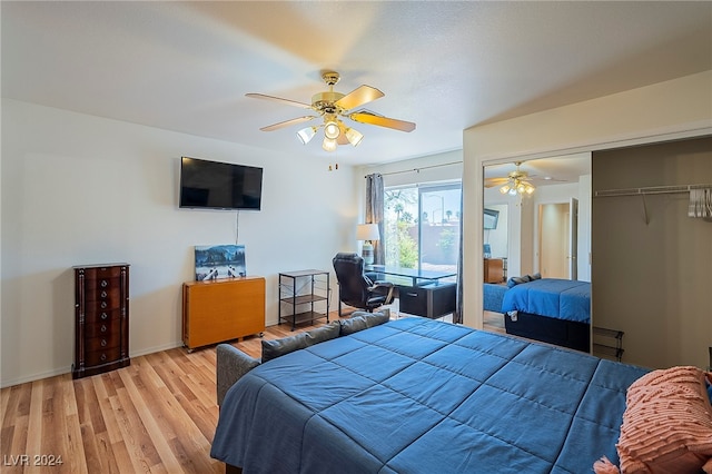 bedroom with a closet, ceiling fan, and light wood-type flooring