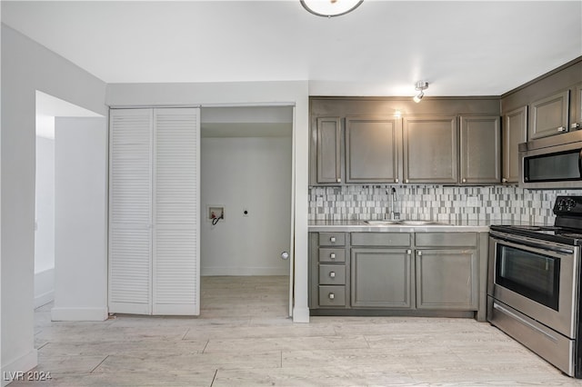 kitchen with sink, appliances with stainless steel finishes, backsplash, and light hardwood / wood-style floors