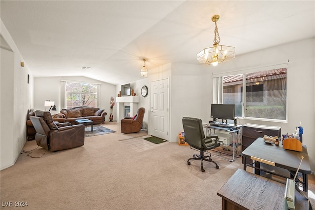 carpeted office space with lofted ceiling and a chandelier