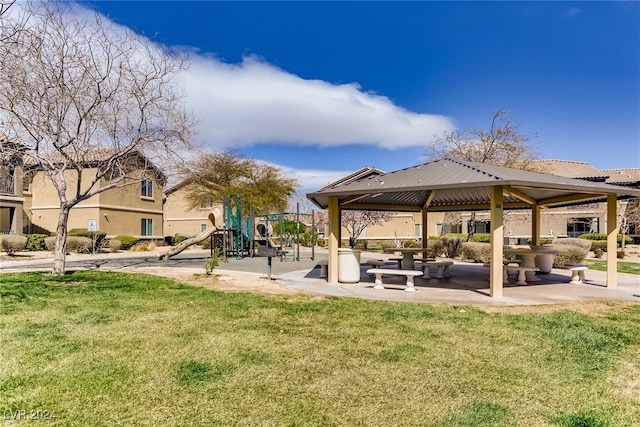 view of home's community with a lawn, playground community, and a gazebo