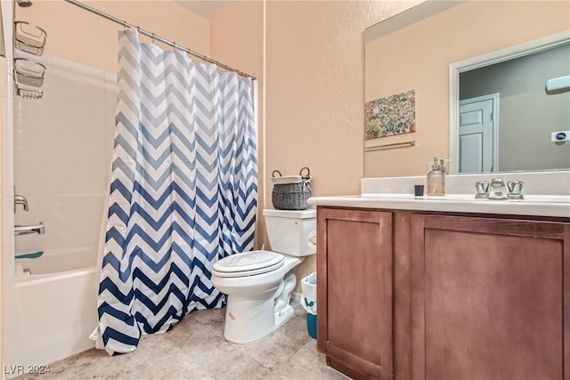 bathroom featuring toilet, shower / tub combo, tile patterned flooring, and vanity