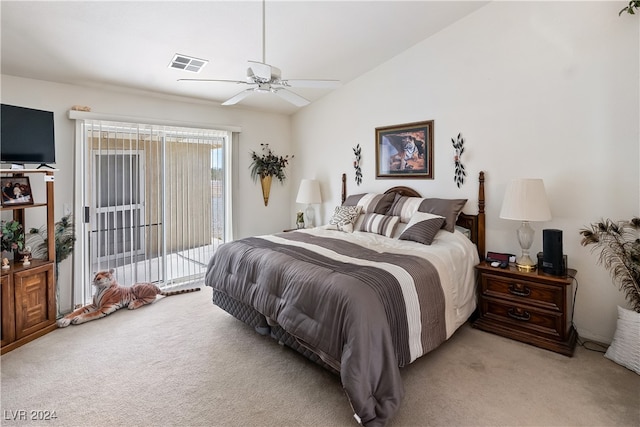 carpeted bedroom featuring lofted ceiling, access to outside, and ceiling fan