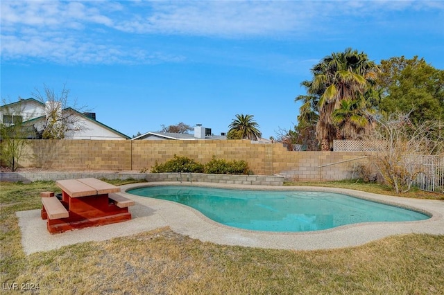 view of pool with a yard