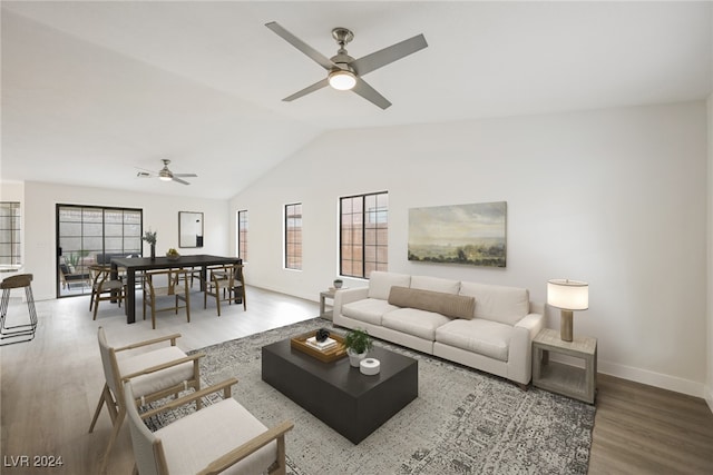 living room with ceiling fan, a healthy amount of sunlight, and wood-type flooring