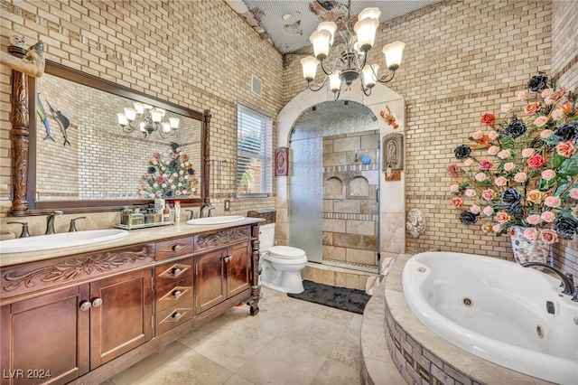 full bathroom with tile patterned floors, toilet, independent shower and bath, vanity, and tile walls