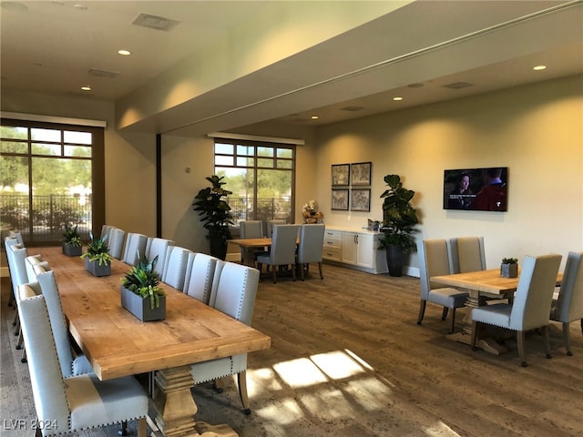 dining area with a wealth of natural light and dark hardwood / wood-style flooring