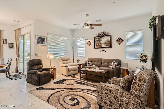 living room with ceiling fan