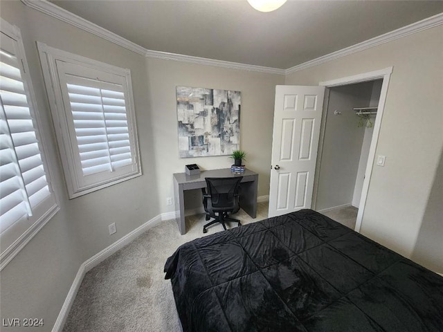 carpeted bedroom featuring crown molding