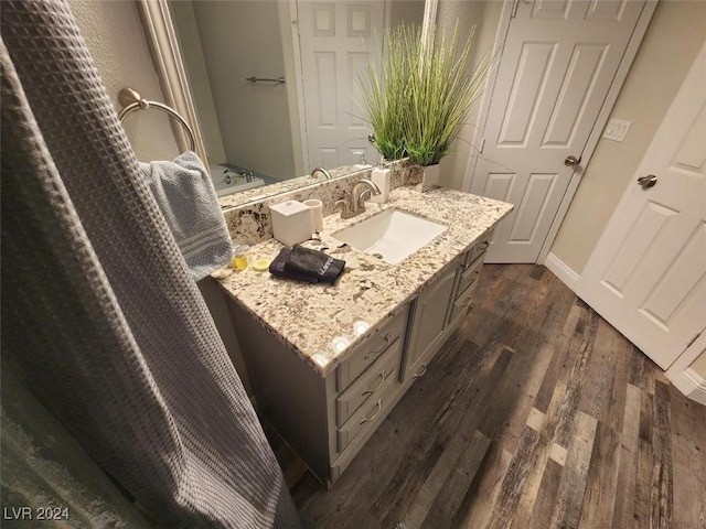 bathroom with hardwood / wood-style floors and vanity