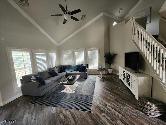 living room featuring ceiling fan, dark hardwood / wood-style flooring, high vaulted ceiling, and ornamental molding