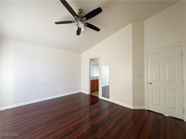 unfurnished room featuring ceiling fan, high vaulted ceiling, and dark hardwood / wood-style flooring