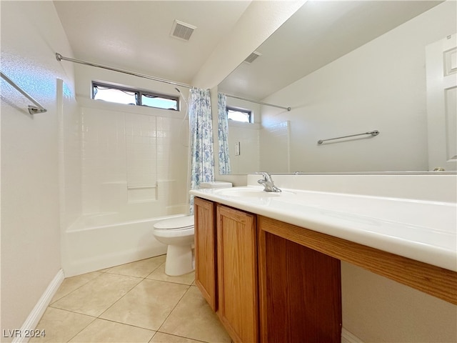 full bathroom with vanity, tile patterned flooring, toilet, and shower / bathtub combination with curtain