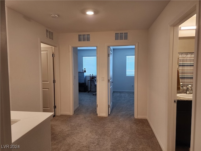 hall featuring sink and light colored carpet