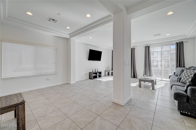 tiled living room with crown molding