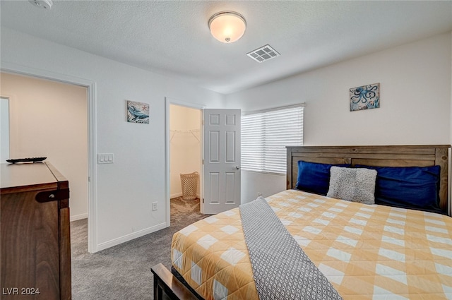 carpeted bedroom with a spacious closet, a textured ceiling, and a closet