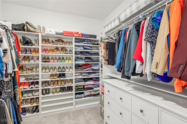 walk in closet featuring light colored carpet