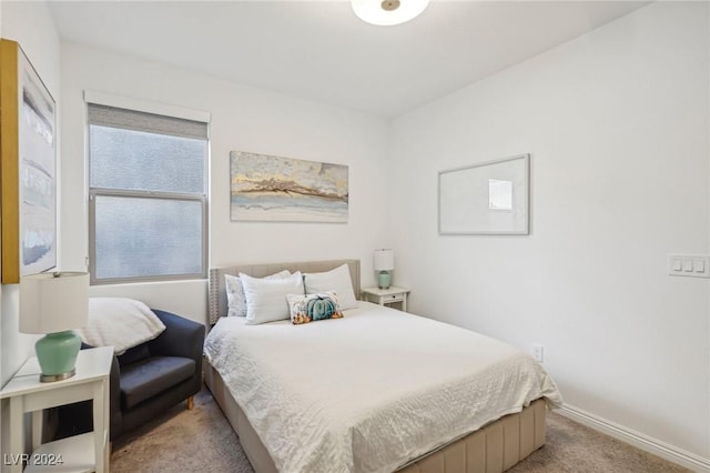 bedroom with light colored carpet