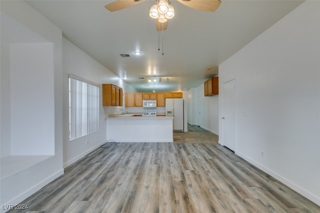 unfurnished living room with light hardwood / wood-style floors and ceiling fan