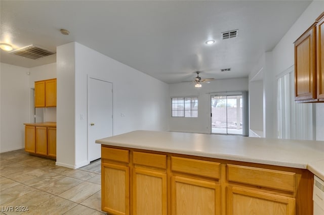 kitchen with kitchen peninsula and ceiling fan