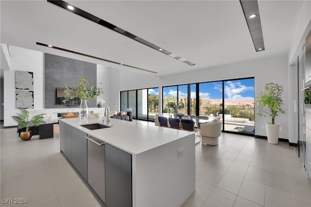 kitchen with a kitchen island with sink, gray cabinets, plenty of natural light, and sink