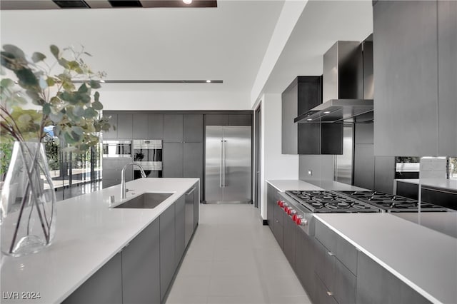 kitchen featuring wall chimney range hood, sink, backsplash, and stainless steel appliances