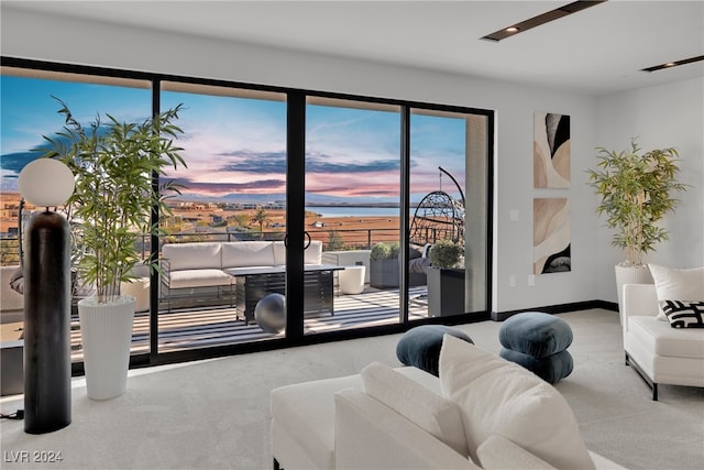 carpeted living room featuring a water view