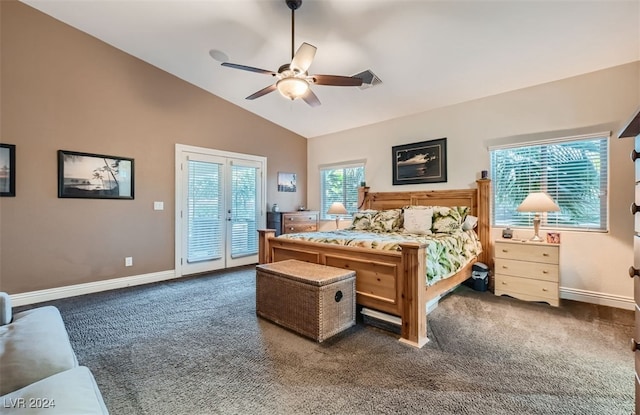 carpeted bedroom with access to exterior, french doors, ceiling fan, and high vaulted ceiling