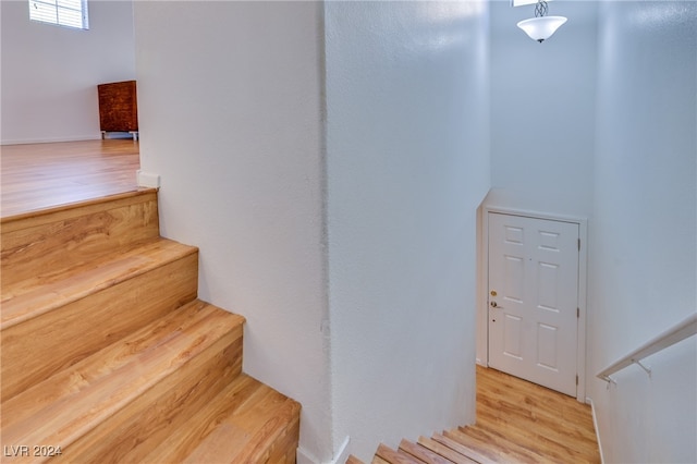 stairway featuring wood-type flooring